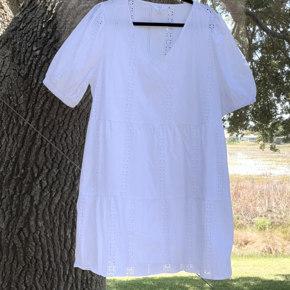 Cute babydoll style white eyelet dress, puff sleeves, side pockets, slip lining